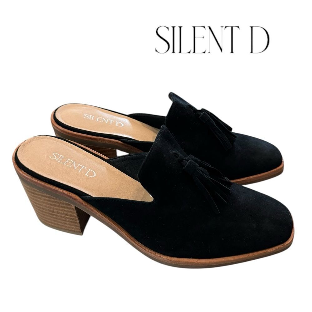 New Silent D Noboy Black Suede Tassel Heeled Clogs Mules 41